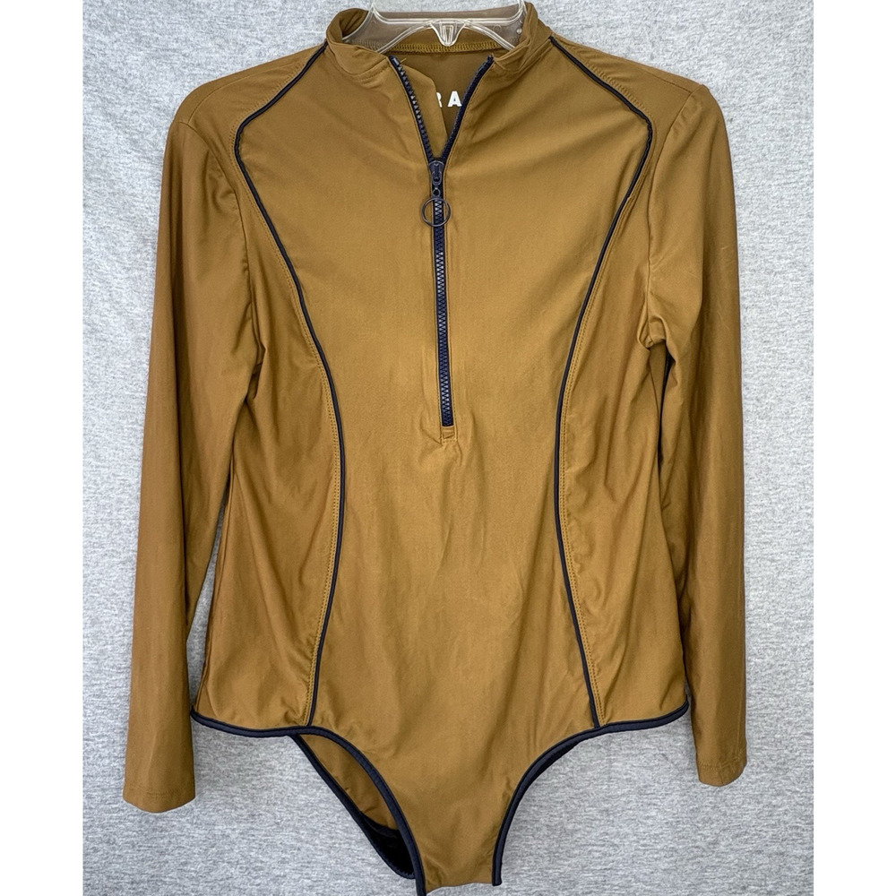 LYRA SWIM Zip One-Piece SWIM SUIT ZIP FRONT Brown Tan Navy Stripe L